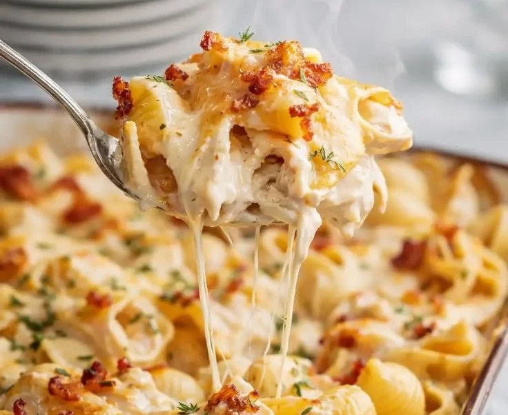 Delicious Classic Crack Chicken Casserole topped with cheese and herbs