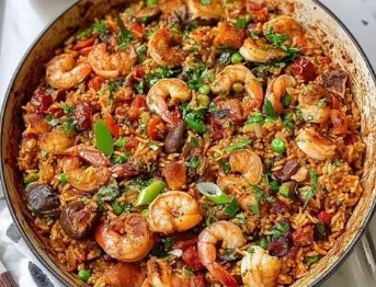 A bowl of classic jambalaya showcasing rice, seafood, and spices.