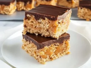 Plate of classic Scotcheroos made with peanut butter, chocolate, and crispy rice.
