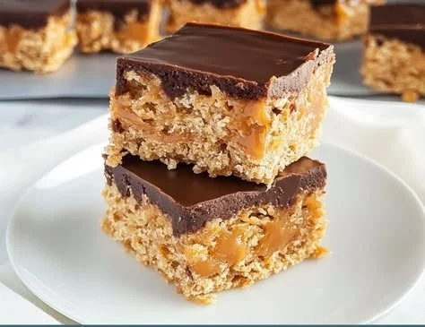 Plate of classic Scotcheroos made with peanut butter, chocolate, and crispy rice.