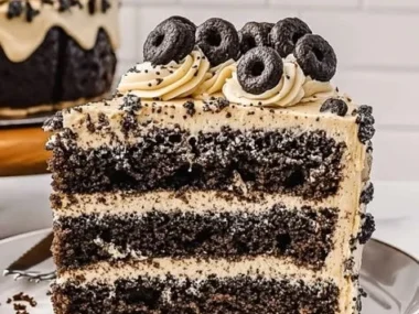 Delicious Cookies and Cream Cake topped with chocolate cookies and cream frosting
