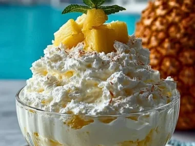 Delicious Cool Whip Pineapple Fluff dessert with pineapple and whipped cream