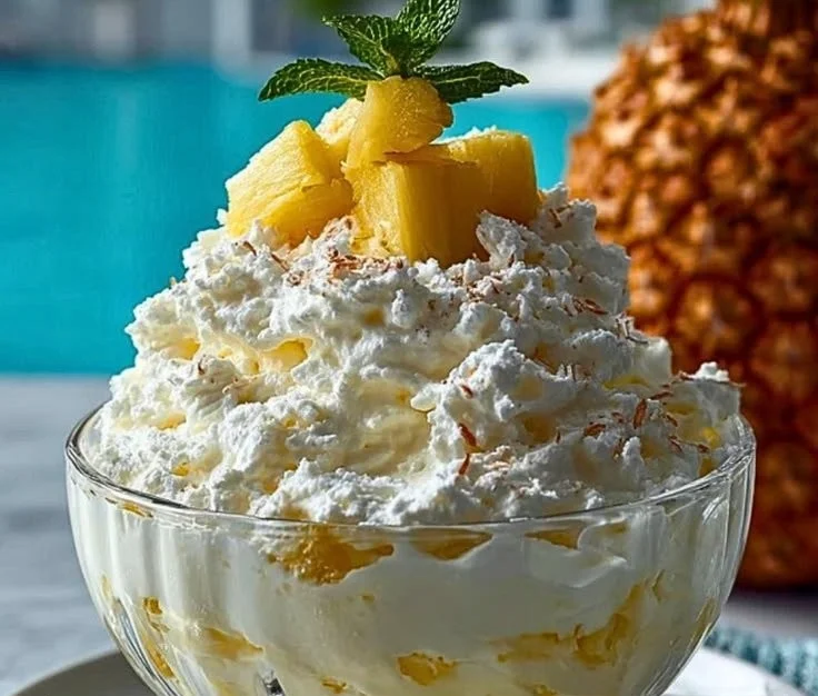 Delicious Cool Whip Pineapple Fluff dessert with pineapple and whipped cream