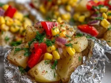 Grilled corn and potato foil packets ready for a summer barbecue