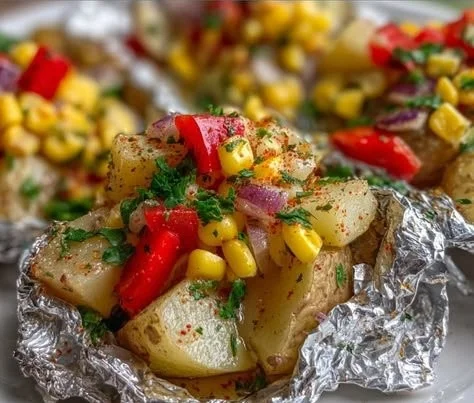 Grilled corn and potato foil packets ready for a summer barbecue
