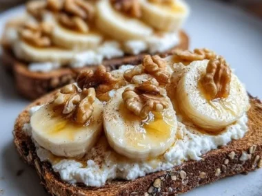 Delicious cottage cheese banana toast topped with sliced bananas on whole grain bread