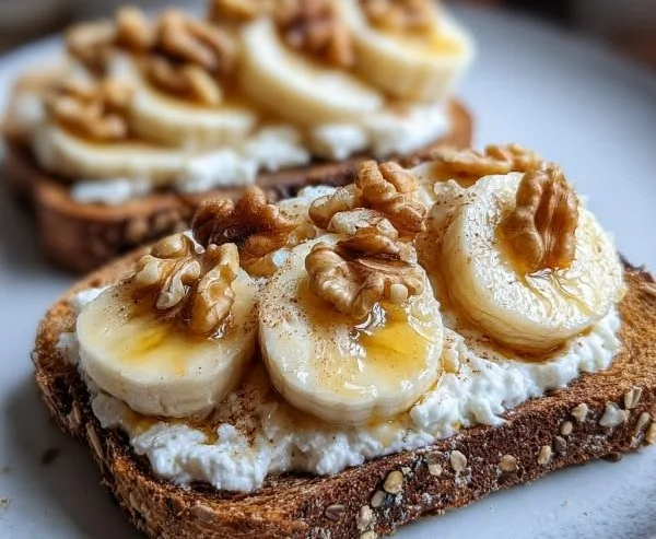 Delicious cottage cheese banana toast topped with sliced bananas on whole grain bread