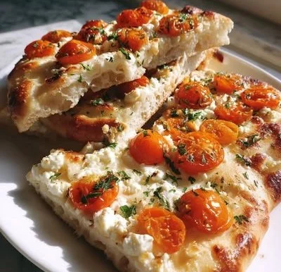 Cottage cheese flatbread served with fresh herbs and toppings.