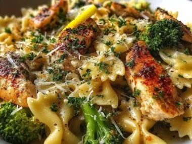 Delicious Cowboy Butter Lemon Bowtie Chicken with Broccoli on a plate