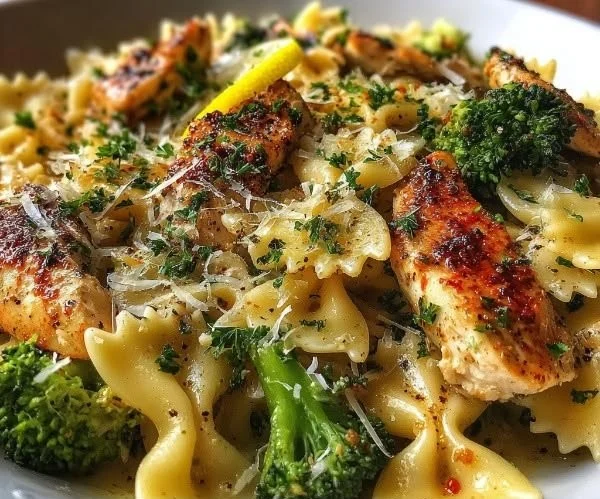 Delicious Cowboy Butter Lemon Bowtie Chicken with Broccoli on a plate