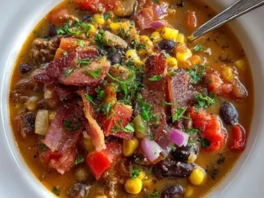 A bowl of delicious Cowboy Soup with vegetables and meat