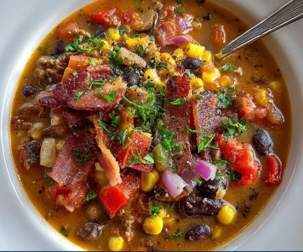 A bowl of delicious Cowboy Soup with vegetables and meat