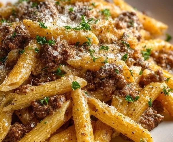 Creamy beef pasta dish served in a bowl with garnishes.