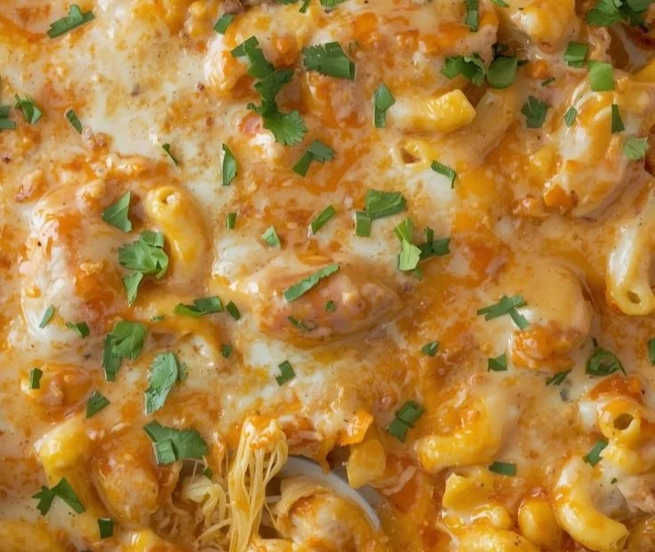 Creamy Buffalo Chicken Mac & Cheese Bake in a casserole dish