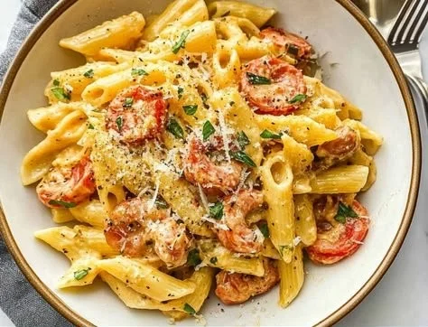 Bowl of creamy Cajun pasta with seafood and herbs