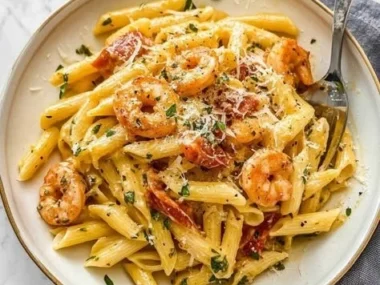 Delicious creamy Cajun pasta garnished with herbs and spices