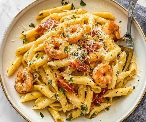 Delicious creamy Cajun pasta garnished with herbs and spices