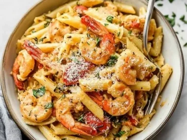 Bowl of creamy Cajun pasta garnished with parsley and shrimp