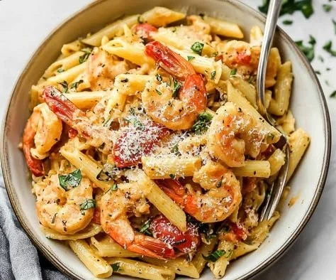 Bowl of creamy Cajun pasta garnished with parsley and shrimp