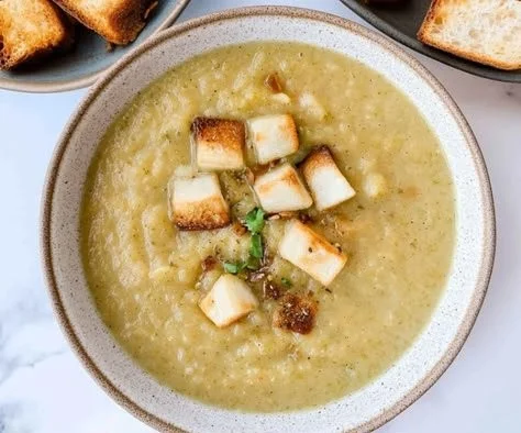 Creamy cauliflower, potato, and leek soup in a bowl topped with fresh herbs.