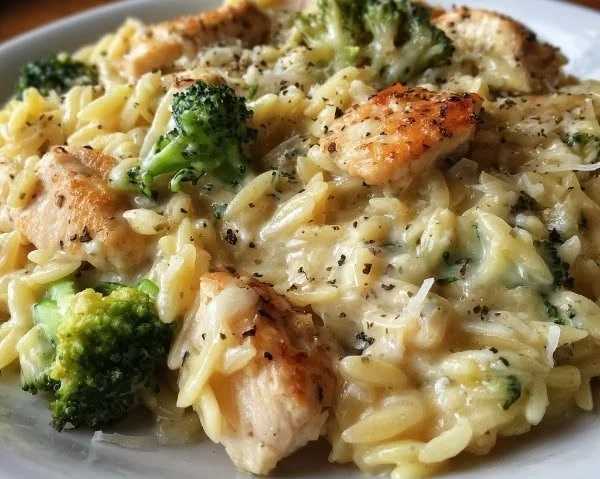 Creamy cheesy chicken broccoli orzo dish served in a bowl