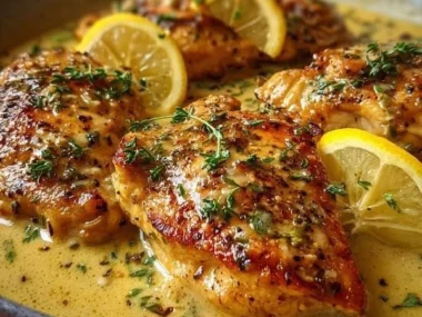 Dish of creamy lemon butter chicken garnished with herbs