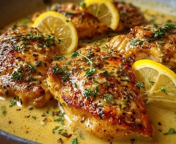 Dish of creamy lemon butter chicken garnished with herbs