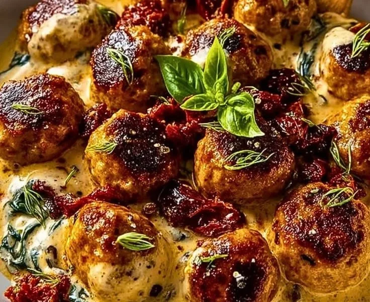 Creamy Marry Me Chicken Meatballs in a rich sauce served on a plate