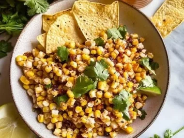 Creamy Mexican corn dip served in a bowl with tortilla chips