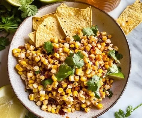 Creamy Mexican corn dip served in a bowl with tortilla chips