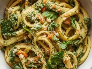 Creamy one pot pesto pasta dish served with fresh basil