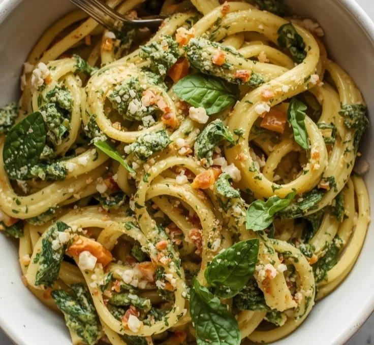 Creamy one pot pesto pasta dish served with fresh basil