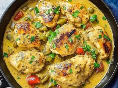 Creamy Pepperoncini Chicken served on a plate with herbs and sides
