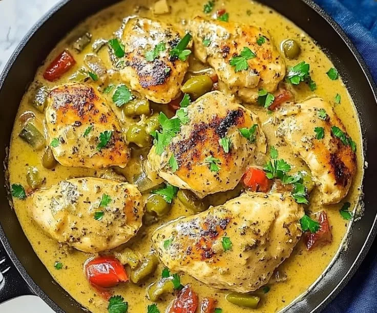 Creamy Pepperoncini Chicken served on a plate with herbs and sides