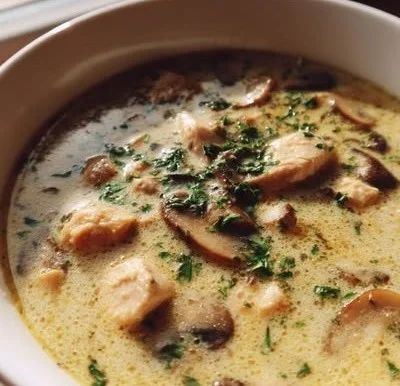 Creamy rotisserie chicken mushroom soup in a bowl garnished with herbs.