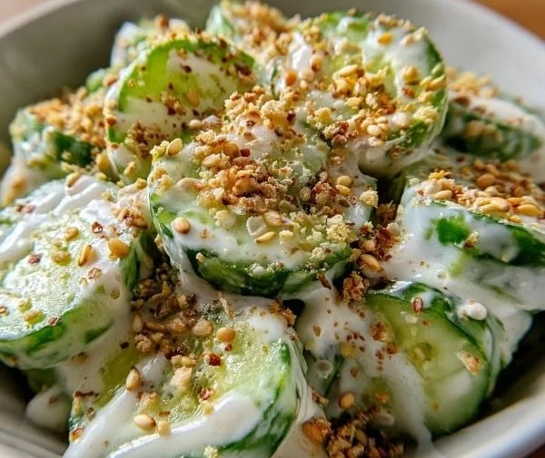 Creamy sushi cucumber salad with fresh ingredients and a creamy dressing