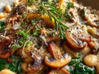 Creamy white bean and mushroom skillet dinner with fresh herbs