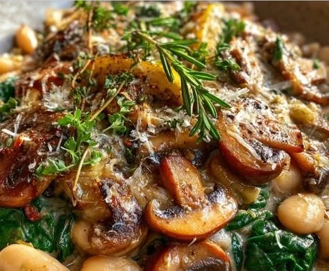 Creamy white bean and mushroom skillet dinner with fresh herbs