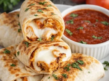 Crispy air fryer chicken wraps served on a plate with fresh ingredients
