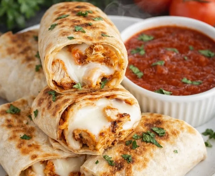 Crispy air fryer chicken wraps served on a plate with fresh ingredients