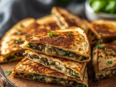Crispy baked spinach mushroom quesadillas on a plate.