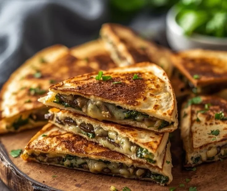 Crispy baked spinach mushroom quesadillas on a plate.