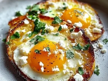 Plate of crispy feta fried eggs garnished with herbs