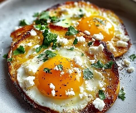 Plate of crispy feta fried eggs garnished with herbs