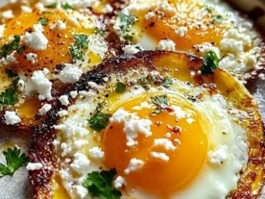 Plate of Crispy Feta Fried Eggs topped with herbs and spices