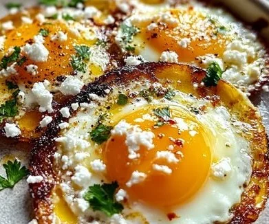 Plate of Crispy Feta Fried Eggs topped with herbs and spices