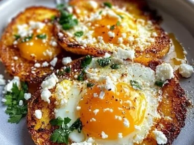 Serving of Crispy Feta Fried Eggs on a plate with herbs and bright colors.