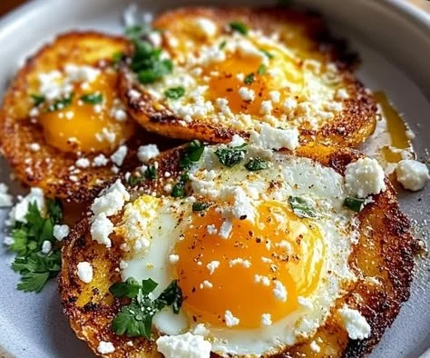 Serving of Crispy Feta Fried Eggs on a plate with herbs and bright colors.