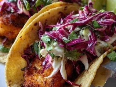Crispy fish tacos served with cilantro lime slaw on a white plate.