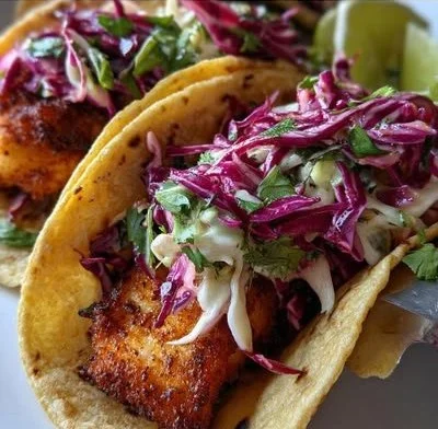 Crispy fish tacos served with cilantro lime slaw on a white plate.